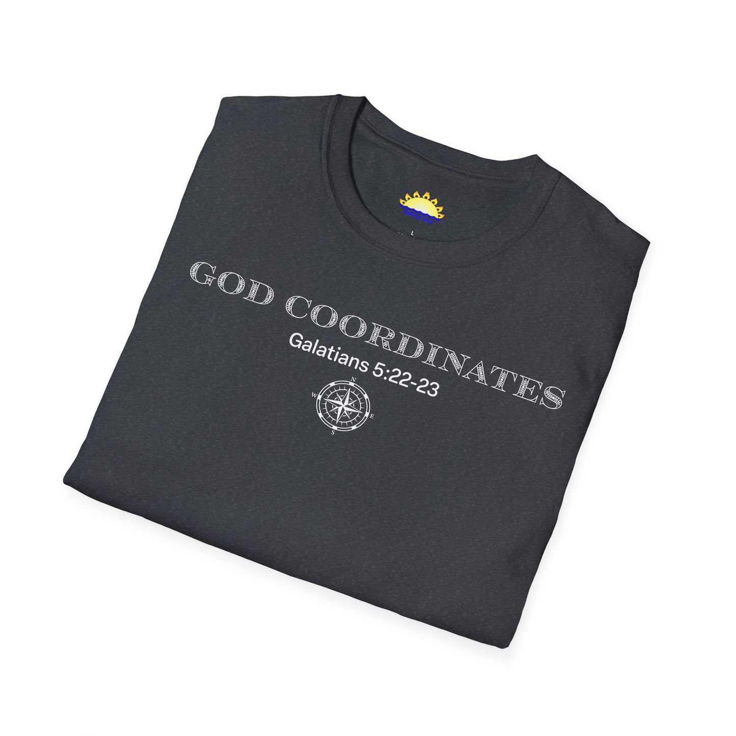 Galatians 5:22-23 - God Coordinates - Unisex Softstyle T-Shirt (Black/Dark Heather Grey)