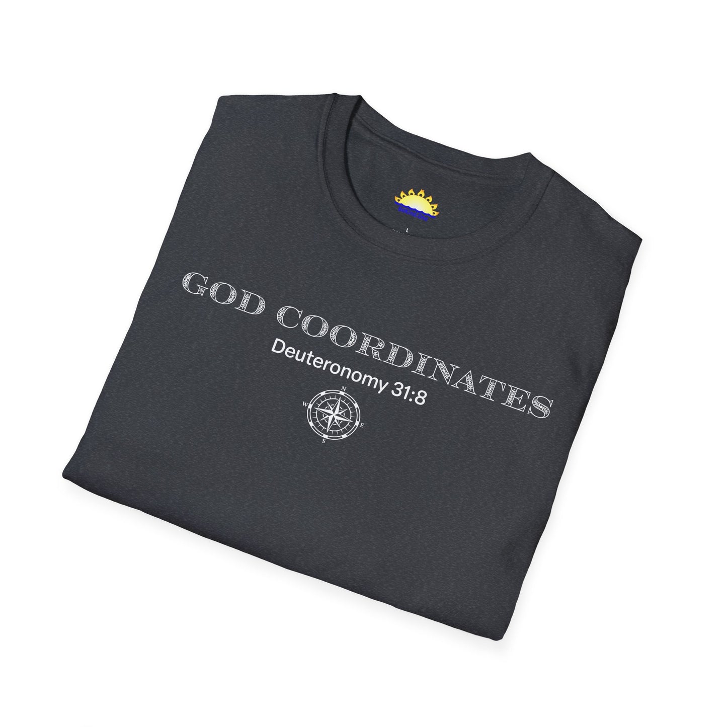 Deuteronomy 31:8 - God Coordinates - Unisex Softstyle T-Shirt (Black/Dark Heather Grey)