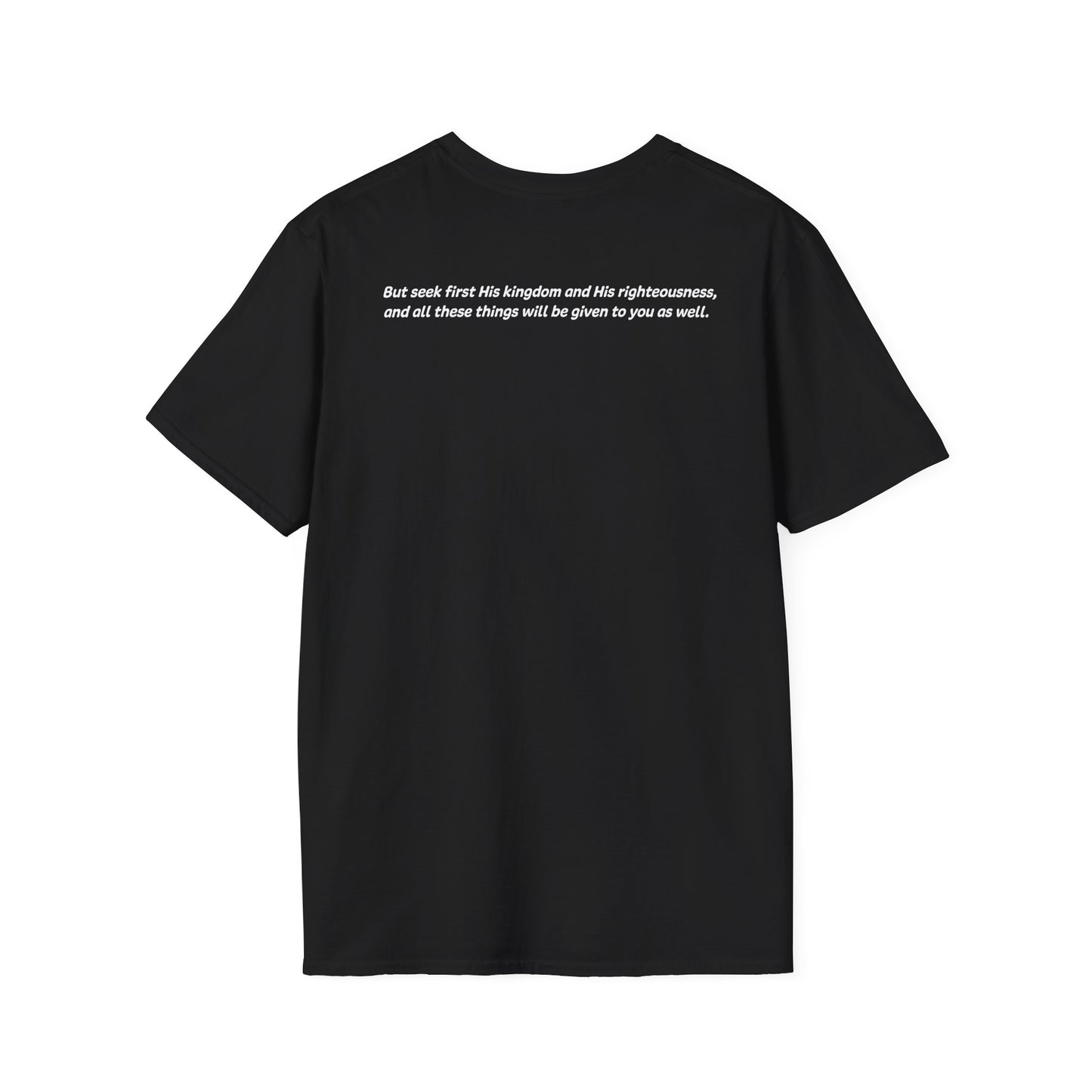 Matthew 6:33 - God Coordinates - Unisex Softstyle T-Shirt (Black/Dark Heather Grey)