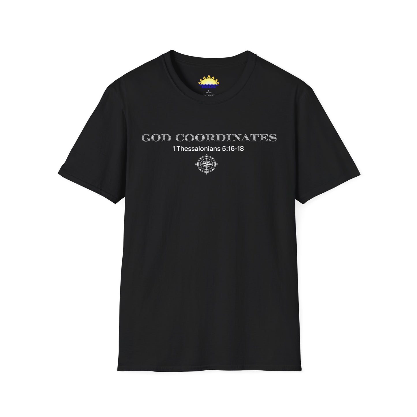 1 Thessalonians 5:16-18 - God Coordinates - Unisex Softstyle T-Shirt (Black/Dark Heather Grey)