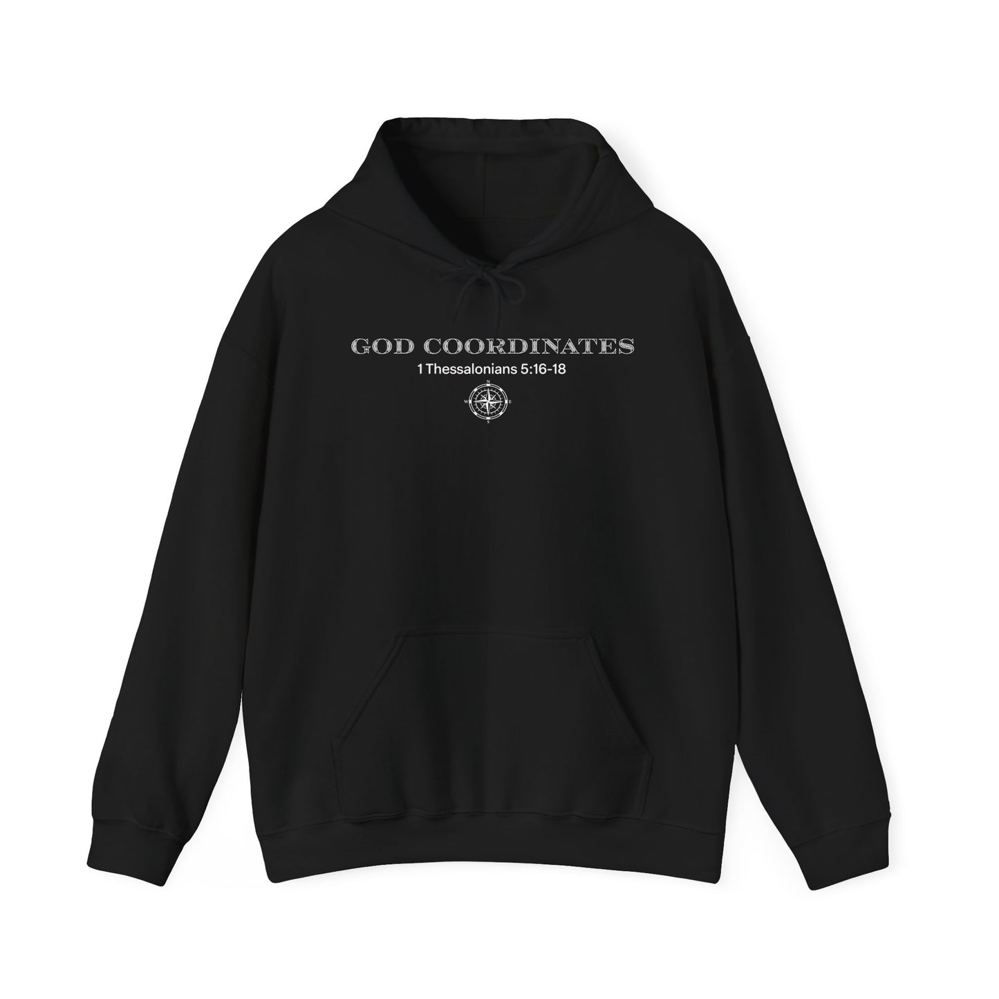 1 Thessalonians 5:16-18 - God Coordinates - Unisex Heavy Blend™ Hooded Sweatshirt (Black/Dark Heather)