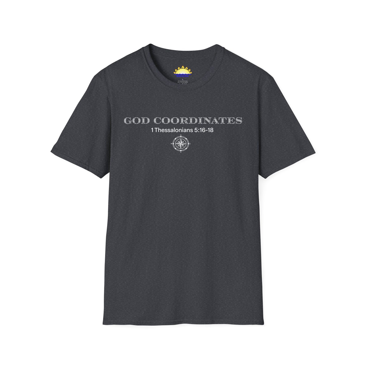 1 Thessalonians 5:16-18 - God Coordinates - Unisex Softstyle T-Shirt (Black/Dark Heather Grey)