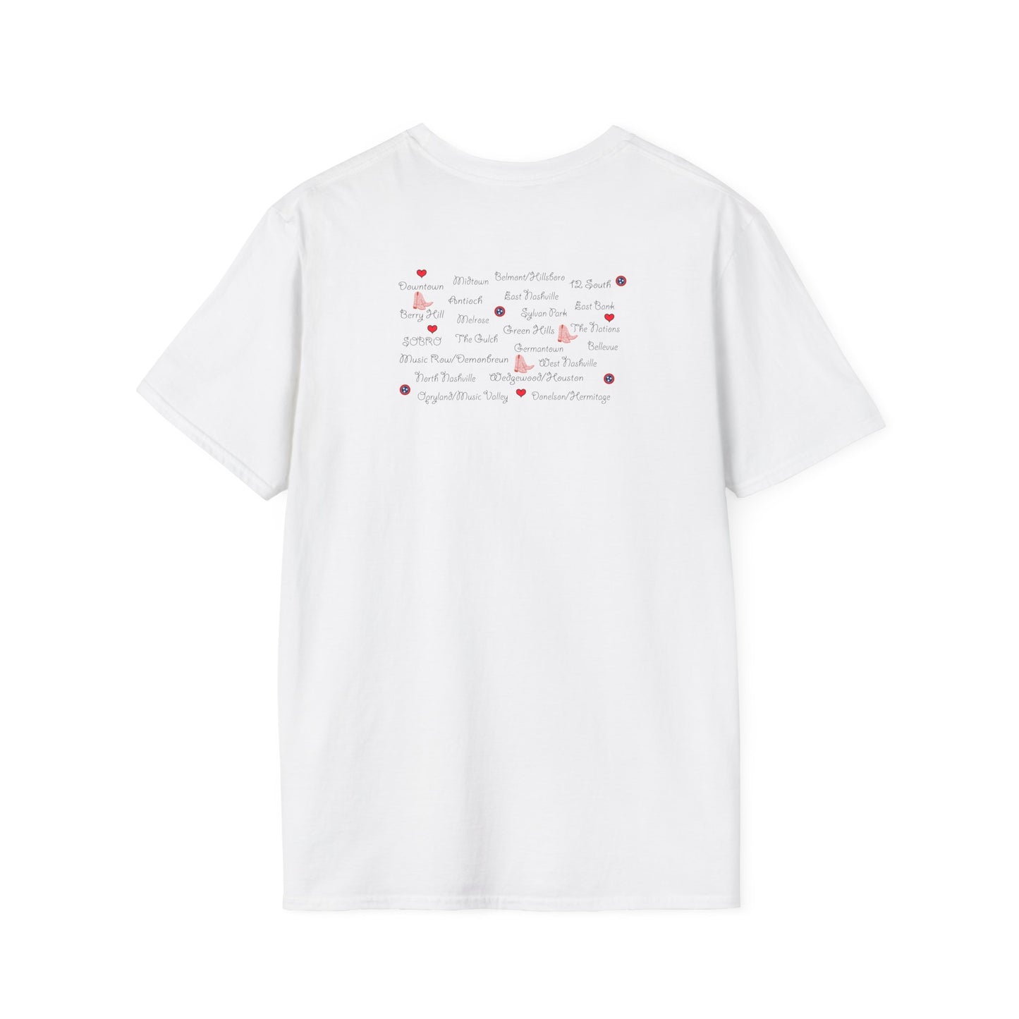 I Love Nashville - With Neighborhoods (Back) - Unisex Softstyle T-Shirt
