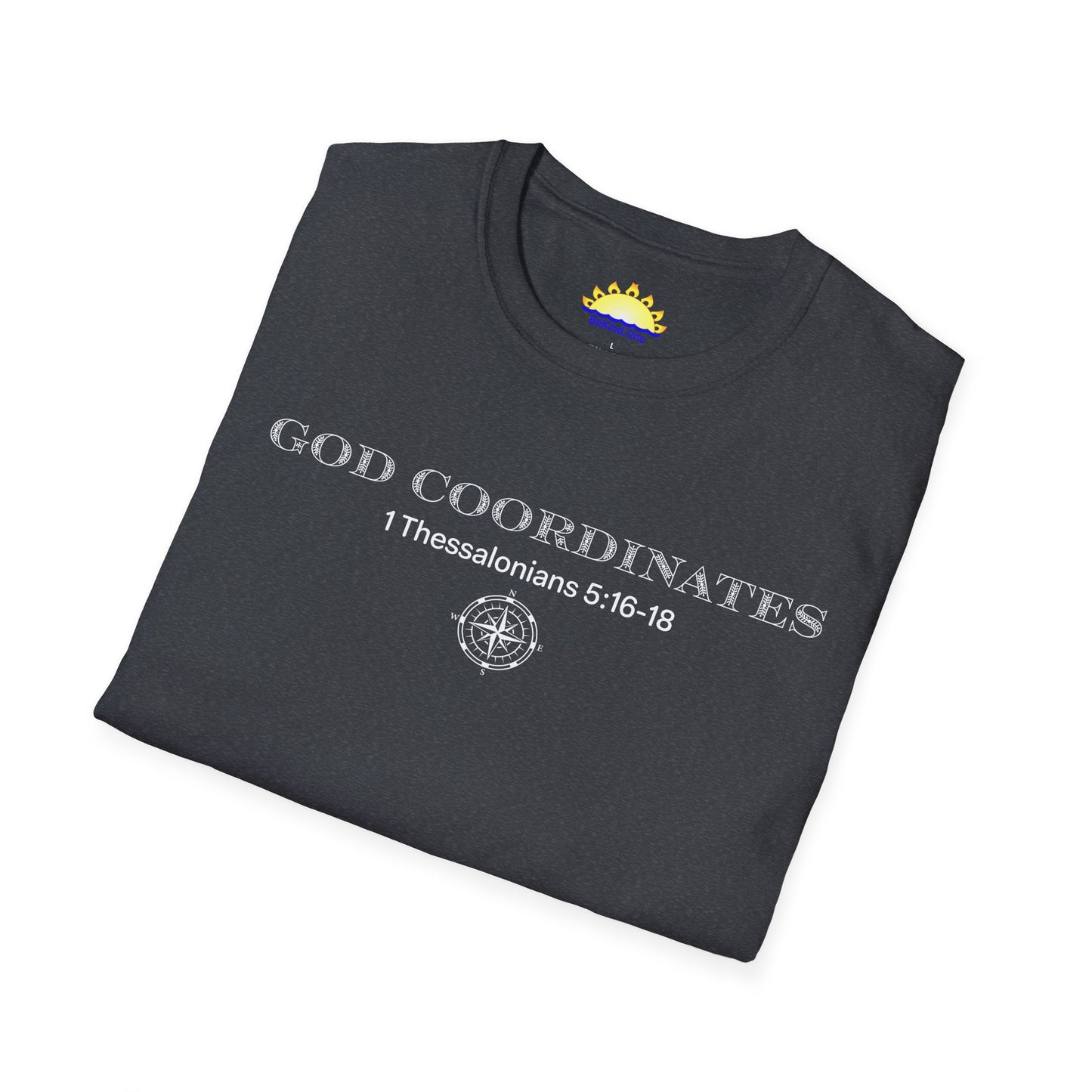 1 Thessalonians 5:16-18 - God Coordinates - Unisex Softstyle T-Shirt (Black/Dark Heather Grey)