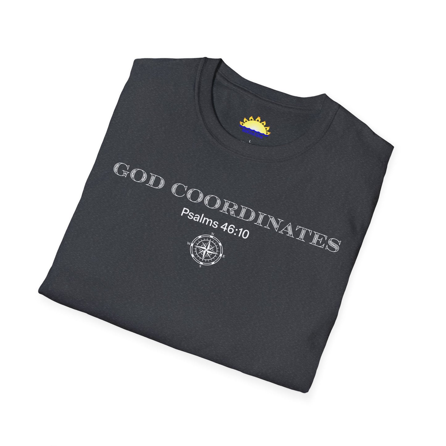 Psalms 46:10 - God Coordinates - Unisex Softstyle T-Shirt (Black/Dark Heather Grey)