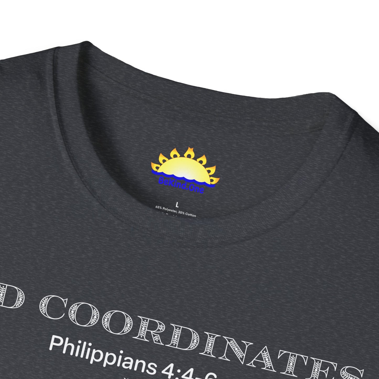 Philippians 4:4-6 - God Coordinates - Unisex Softstyle T-Shirt (Black/Dark Heather Grey)